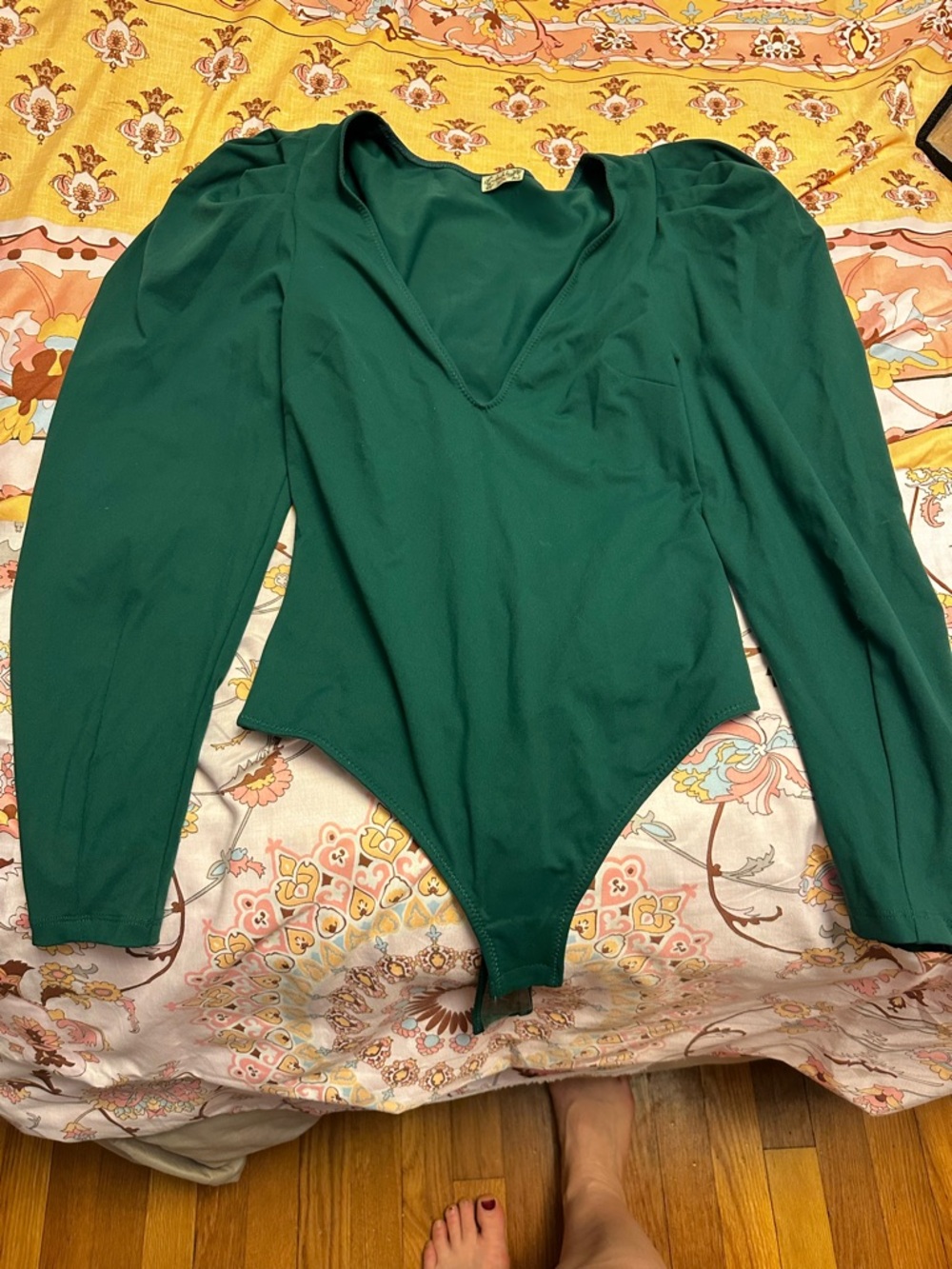 Free People Green Puff Shoulder Long Sleeve One-Piece